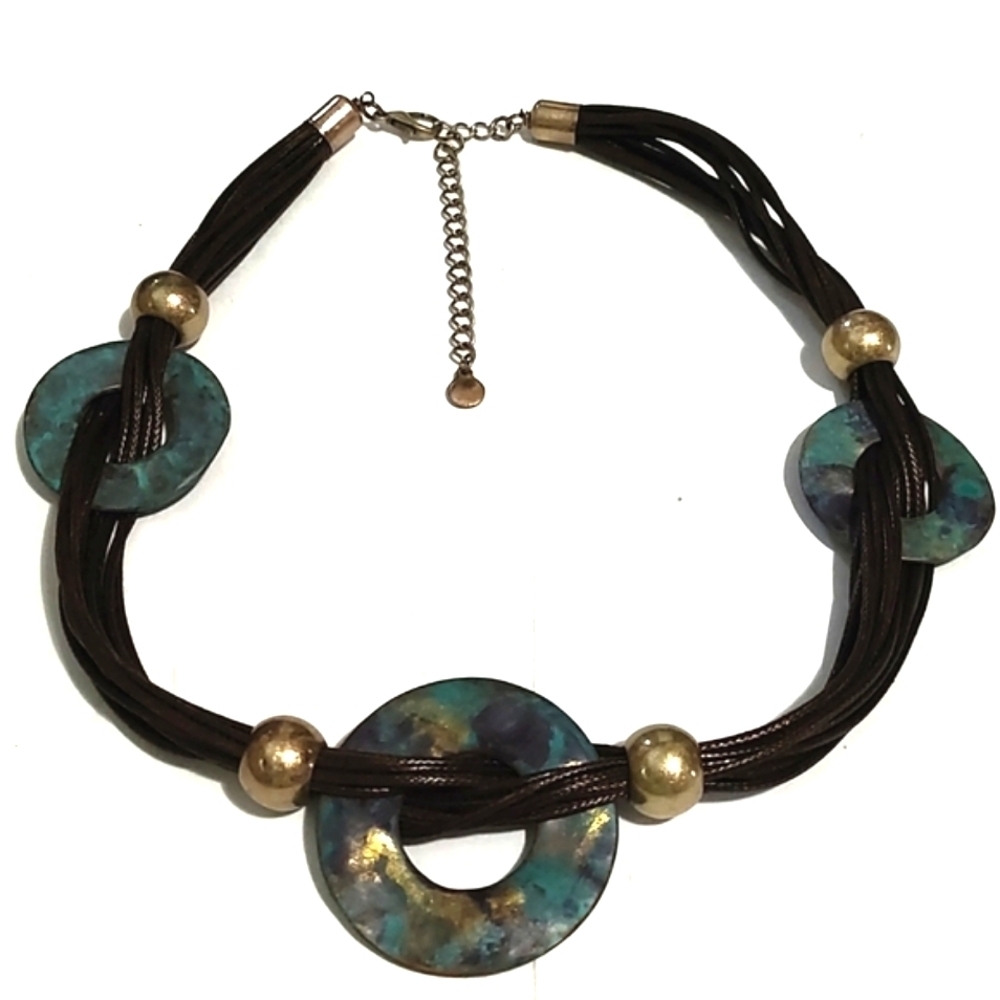 VINTAGE BROWN MULTISTRAND BRONZE BLUE GREEN MARBLE DISCS BEADED 17-20" NECKLACE